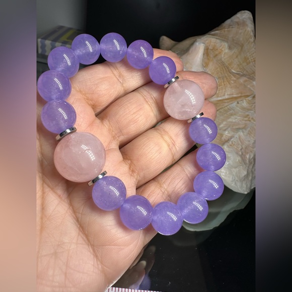 LILAC QUARTZ + PINK QUARTZ NATURAL STONES BRACELET size 7” - Picture 6 of 8